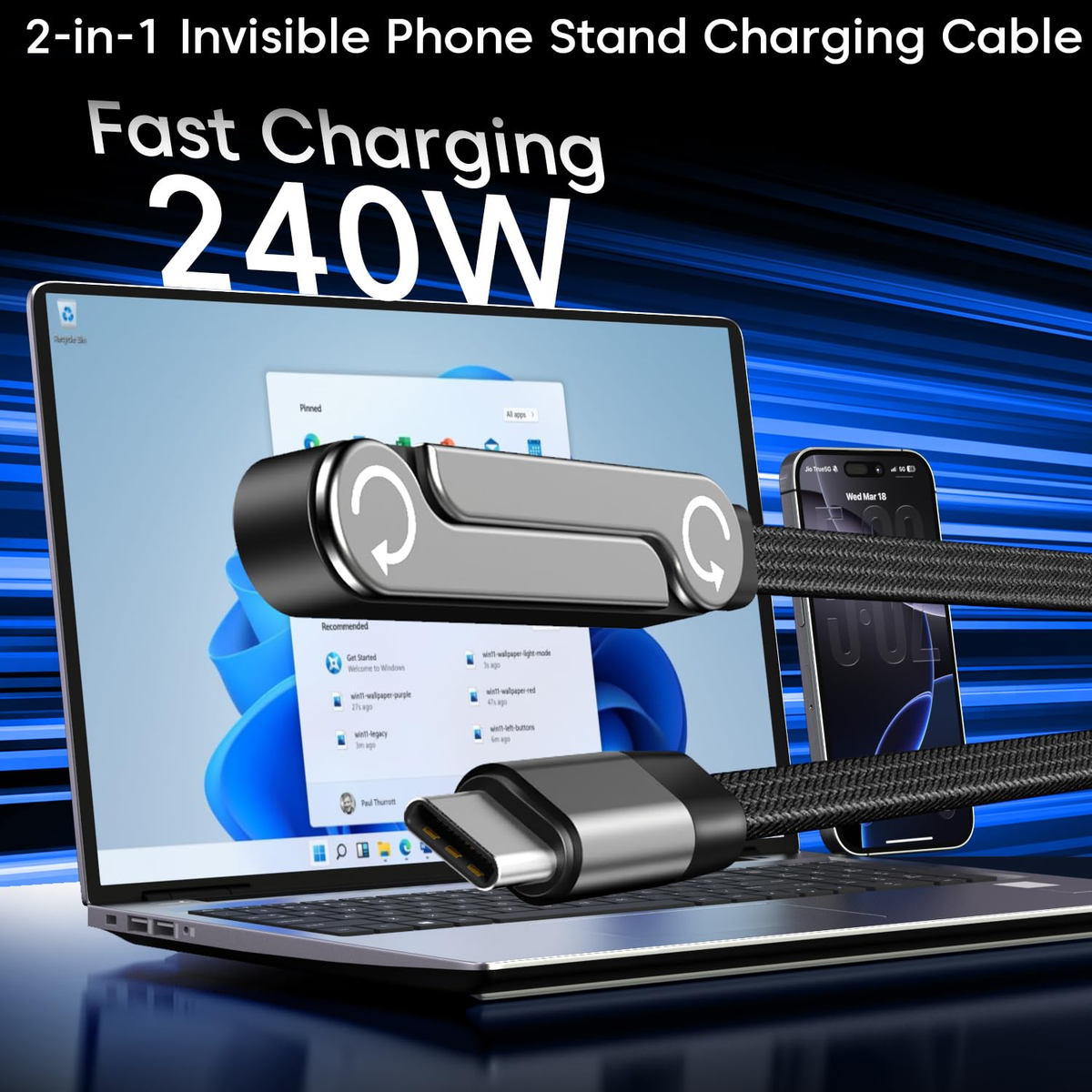 2-in-1 Phone Stand & 240W Fast Charging Cable